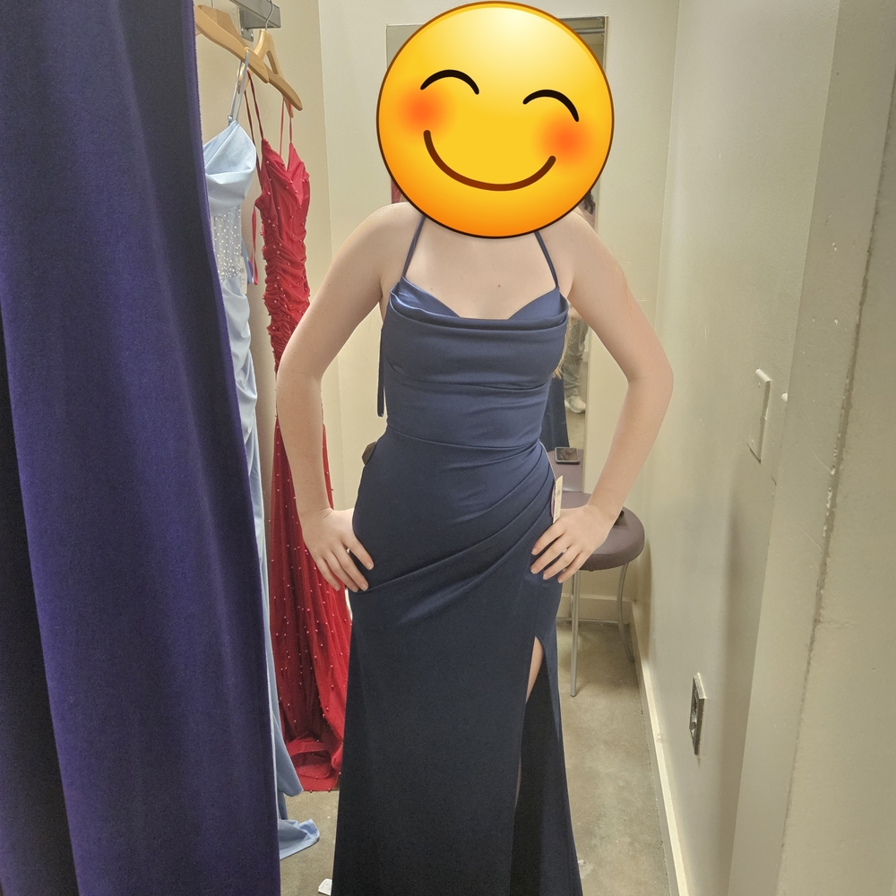 Windsor Navy Halter Cowl Satin Prom Gown with Thigh Slit